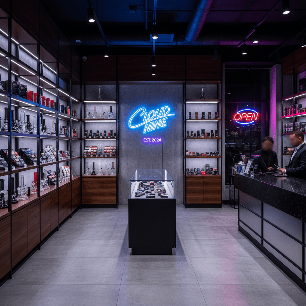 Puffzilla interior with premium product displays and neon accents