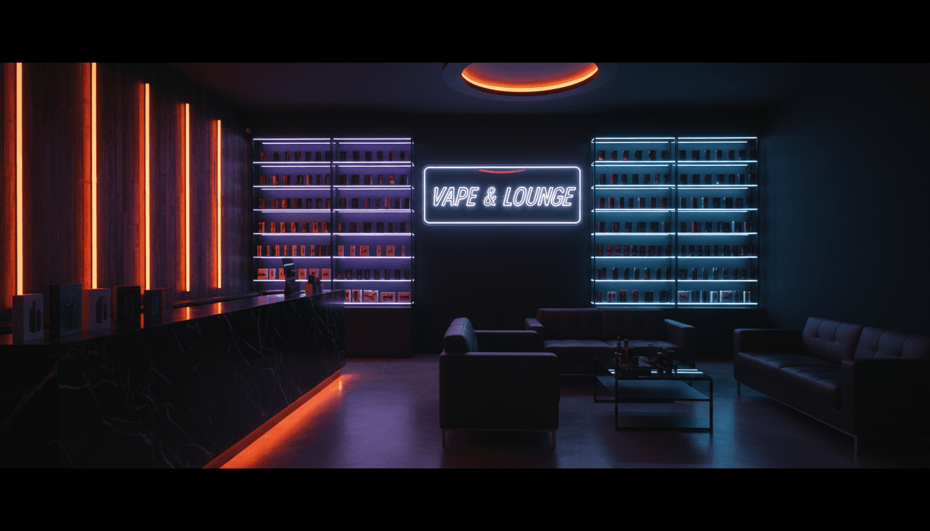 Premium vape shop interior with modern shelving and neon lighting