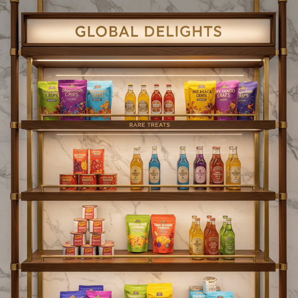 Exotic snacks and drinks collection at Puffzilla