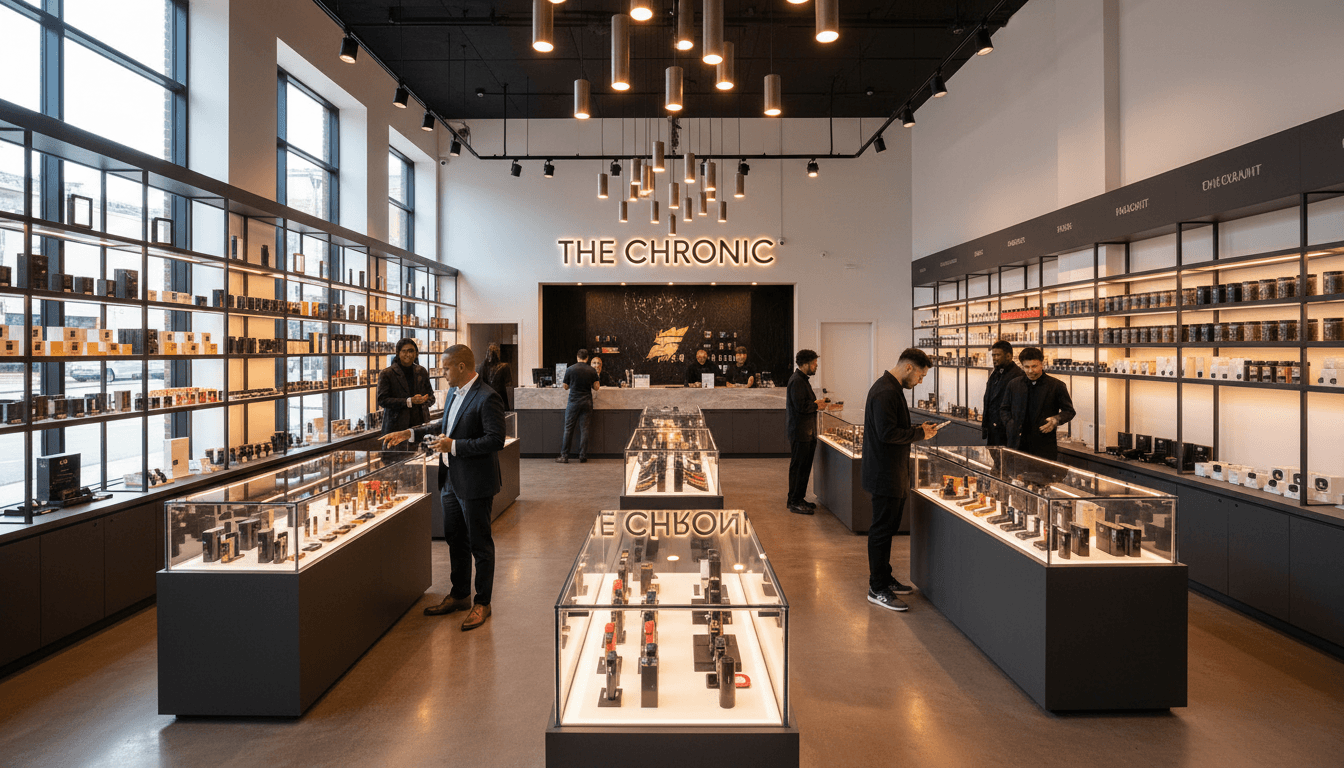 Modern smoke shop interior with premium displays and neon lighting