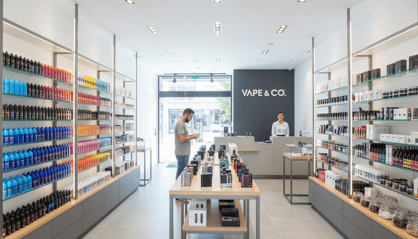 Modern premium vape shop interior with sleek dark green and black design featuring neon accents and luxury retail display